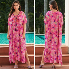 Rayon Rose Red Embroidered Beach Dress Outer Wear-Pink-2