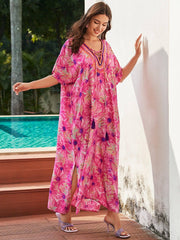 Rayon Rose Red Embroidered Beach Dress Outer Wear-Pink-3