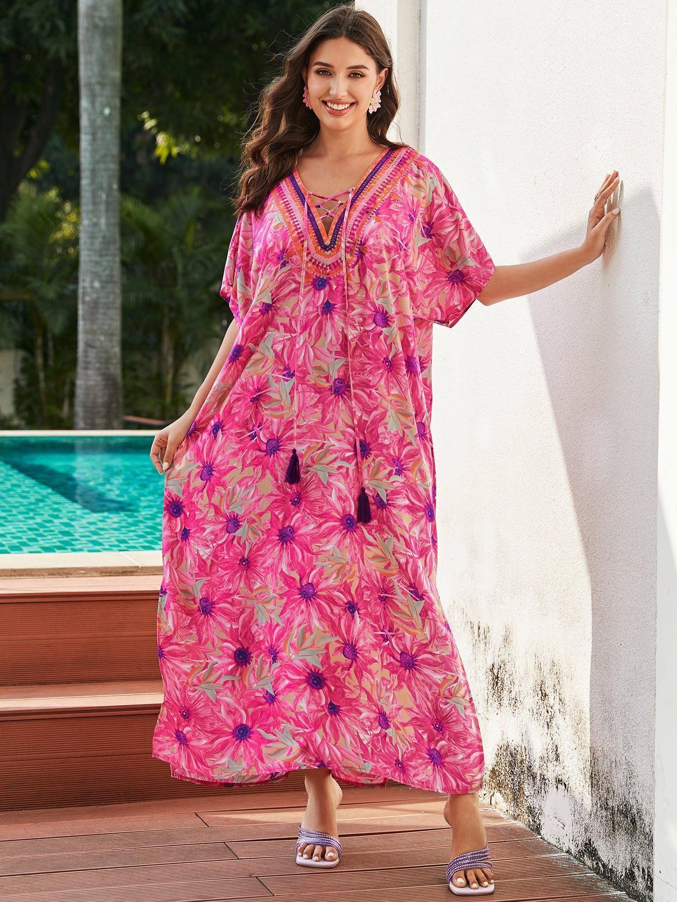 Rayon Rose Red Embroidered Beach Dress Outer Wear-Pink-6
