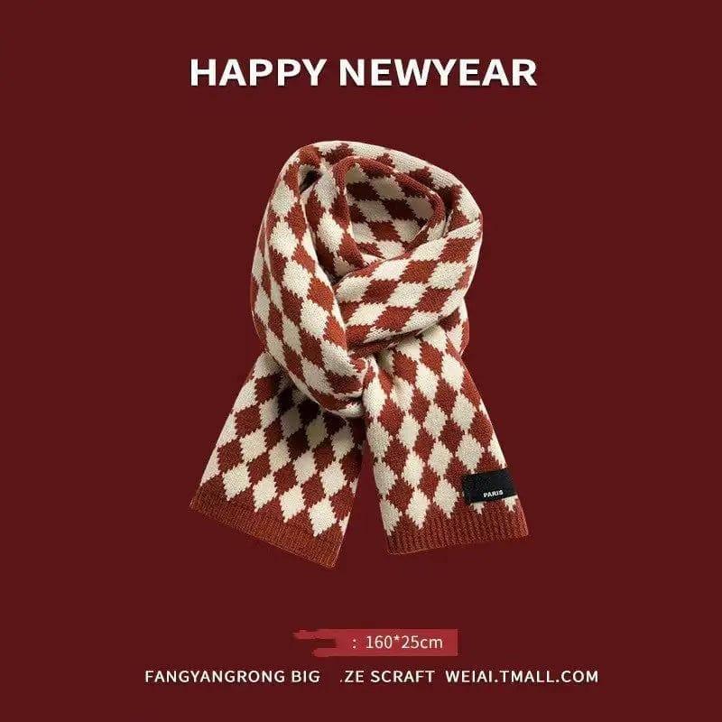Red Year Scarf Women's Winter Christmas Knitting Wool-Diamond grid cherry red-11