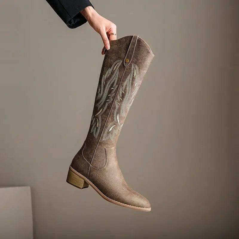 Retro Chunky Heel Embroidery Western Cowboy Boot Women-5