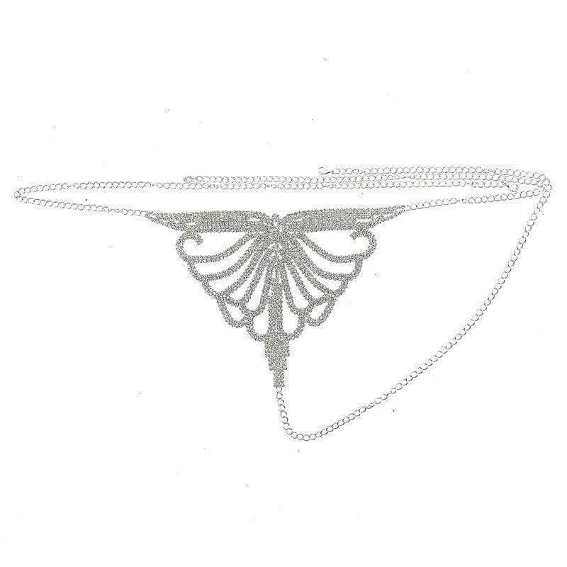 Rhinestone Claw Chain Body Chain Set Sexy Bra Panty Set-Silver-5