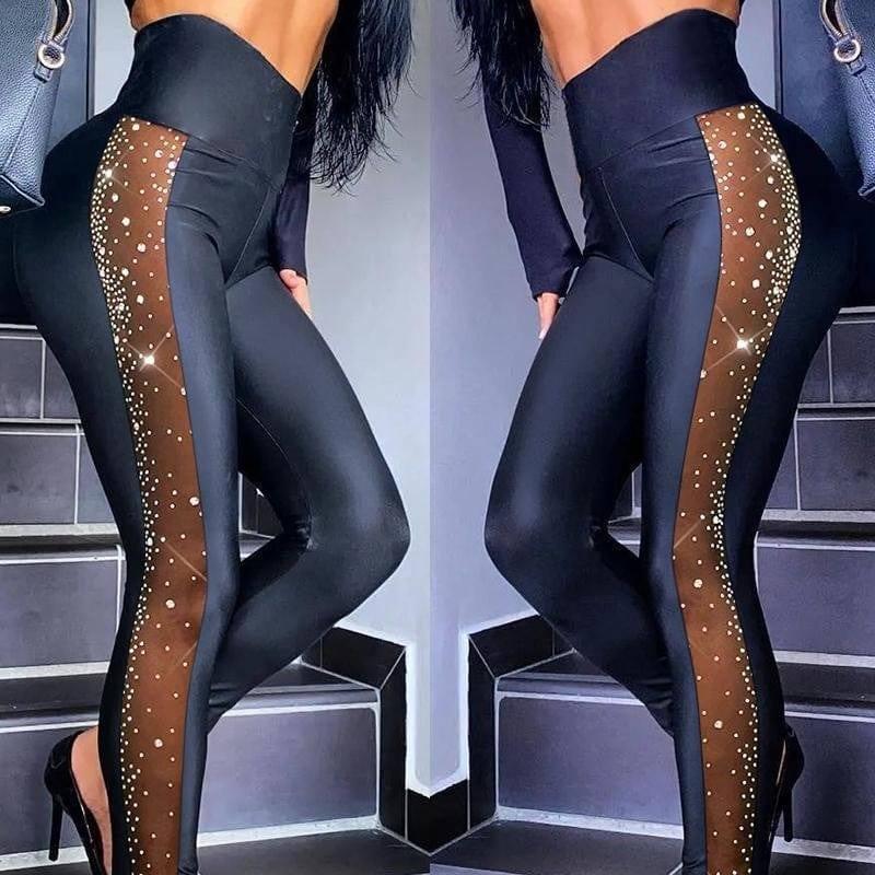 Rhinestone Mesh Stitching Tight Trousers-1