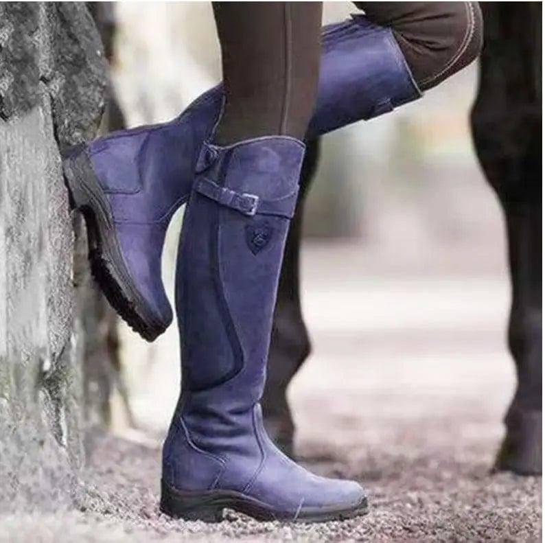 Riding Western Boots Winter Knee High Block Heel Round Toe-Blue-3