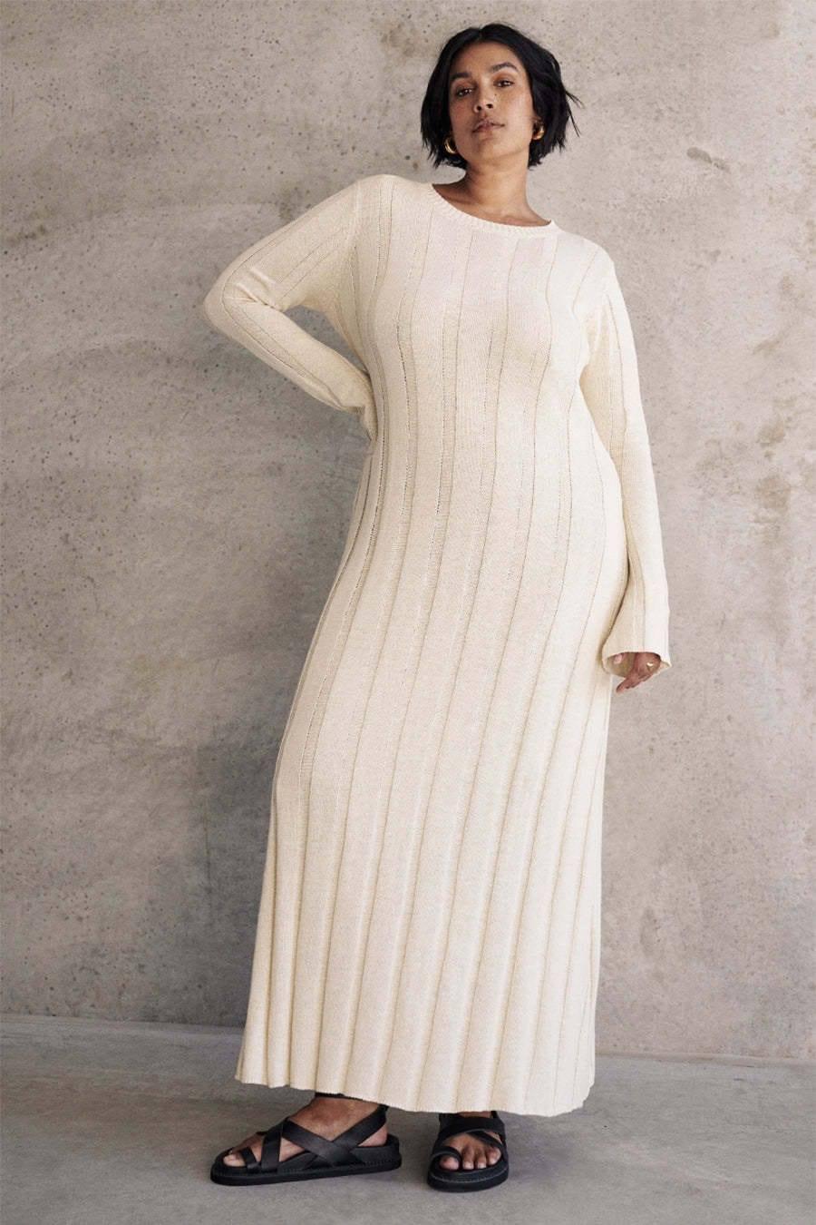 Round-neck Long Knitted Dress Solid Color Women-White-3