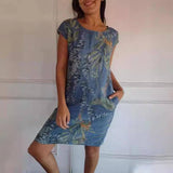Round Neck Loose Short Sleeves Printed Dress-Blue-1
