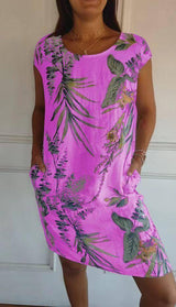 Round Neck Loose Short Sleeves Printed Dress Midi Dresses LOVEMI  Violet S 