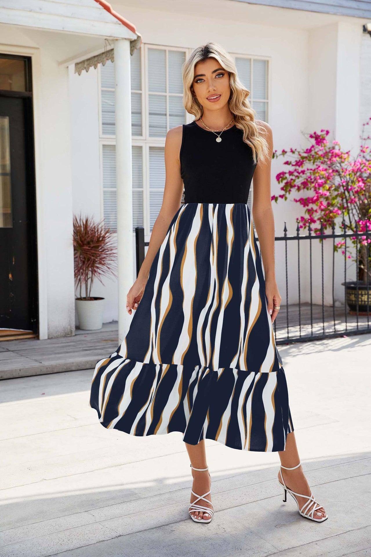 Round Neck Sleeveless Long Dress Summer Fashion Striped-4