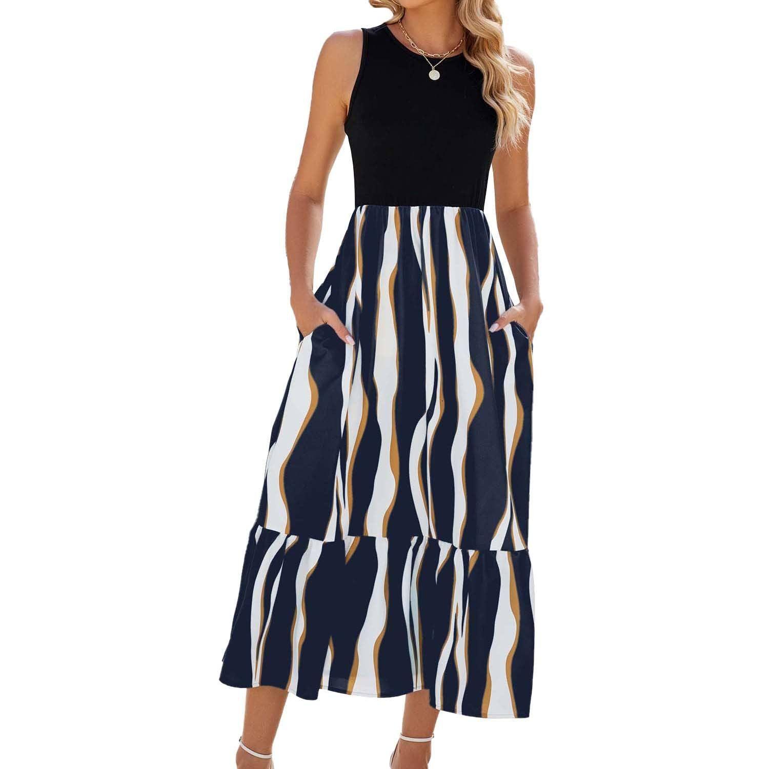 Round Neck Sleeveless Long Dress Summer Fashion Striped-Navy Blue-6