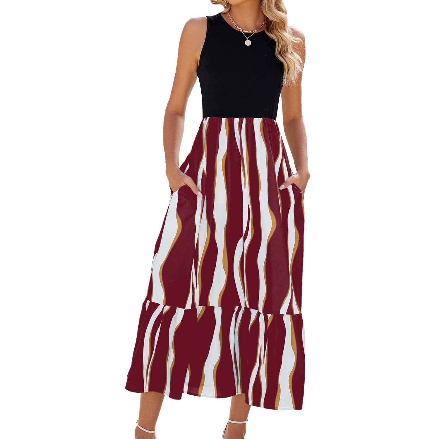 Round Neck Sleeveless Long Dress Summer Fashion Striped-Wine Red-7