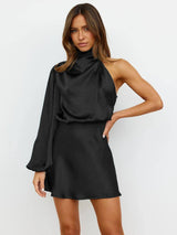 Satin Long Sleeve One-shoulder Elegant Dress-GQTY040 Black-8