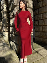 Satin Slim Maxi Dress - Elegant Long Sleeve Autumn Wear-Red-4