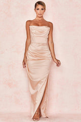 Satin Tube Top Split Knee-length Dress Maxi Dresses LOVEMI  Apricot L 