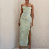 Satin Tube Top Split Knee-length Dress-Avocado Green-9