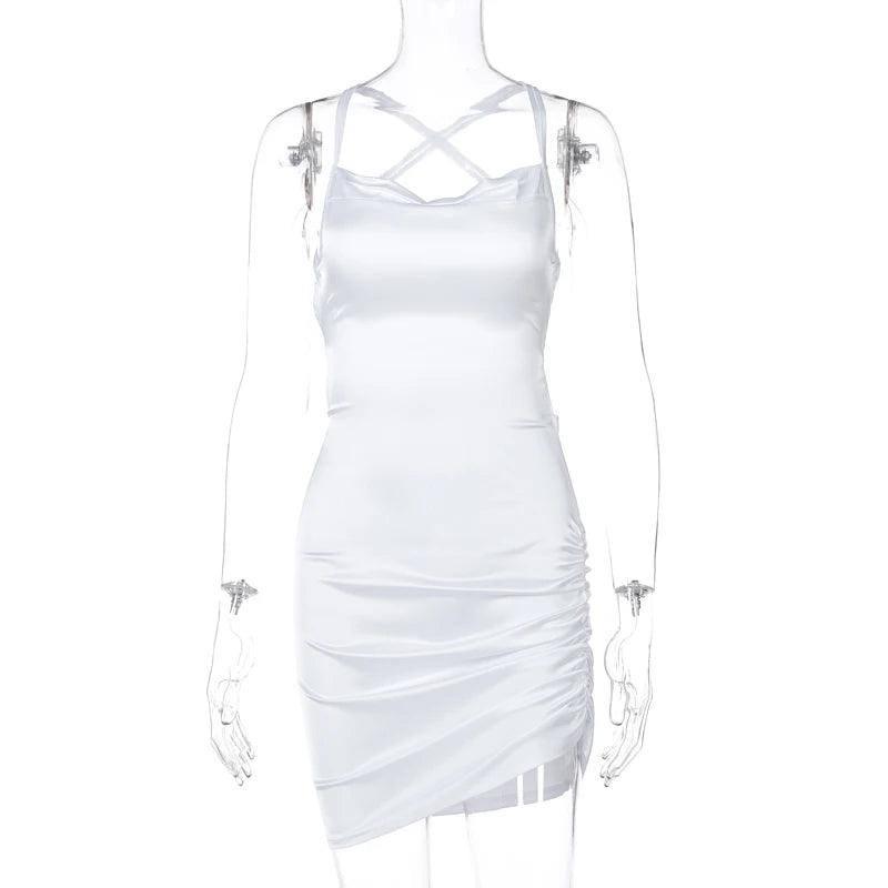 Satin Women Strap Mini Dress Ruched-WHITE-10