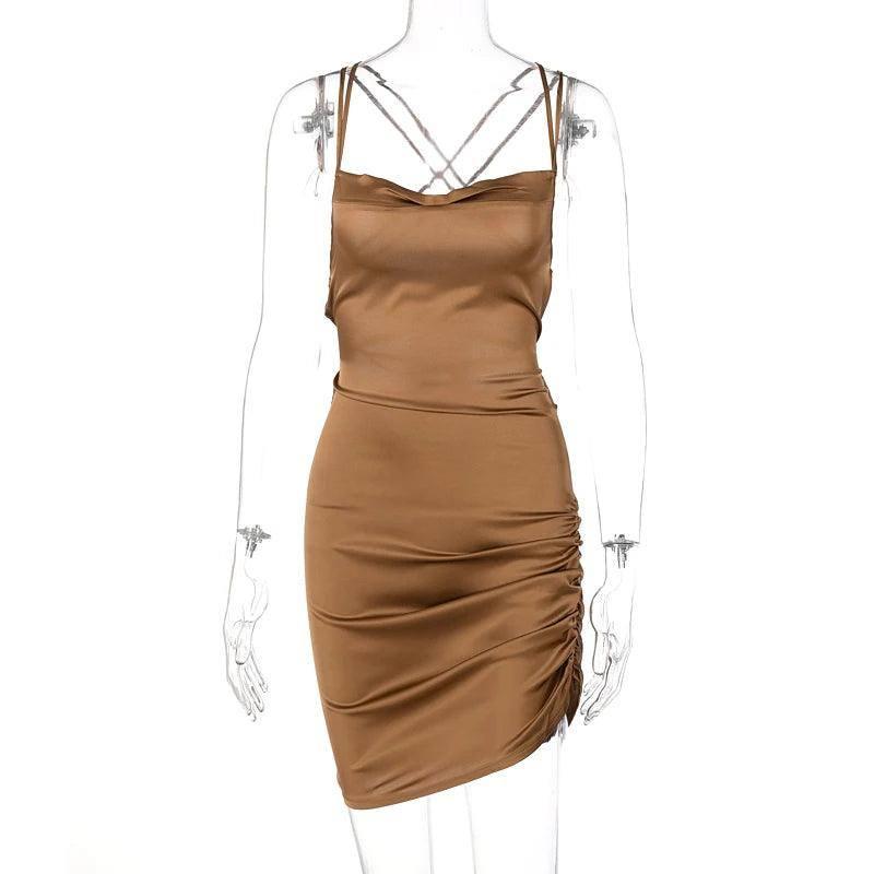 Satin Women Strap Mini Dress Ruched-Brown-5