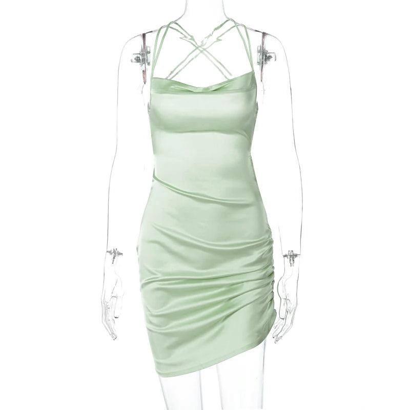 Satin Women Strap Mini Dress Ruched-green-6
