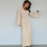 Scoop Neck Ribbed Maxi Dress - Lace-Up Long Sleeve Maxi Dresses LOVEMI    