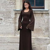 Scoop Neck Ribbed Maxi Dress - Lace-Up Long Sleeve Maxi Dresses LOVEMI    