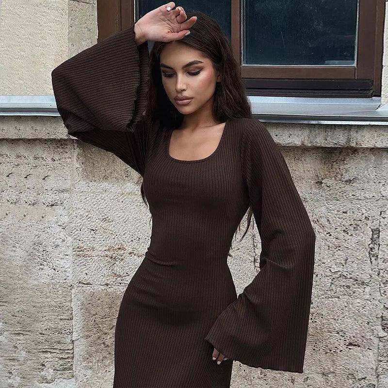Scoop Neck Ribbed Maxi Dress - Lace-Up Long Sleeve-13