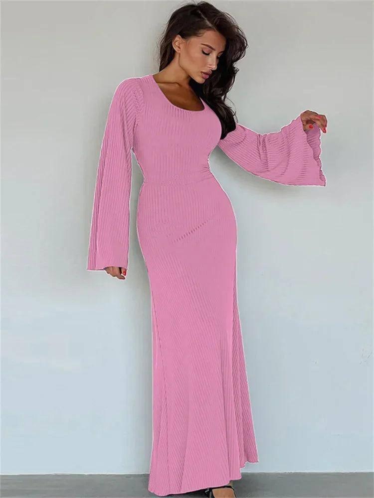 Scoop Neck Ribbed Maxi Dress - Lace-Up Long Sleeve-3
