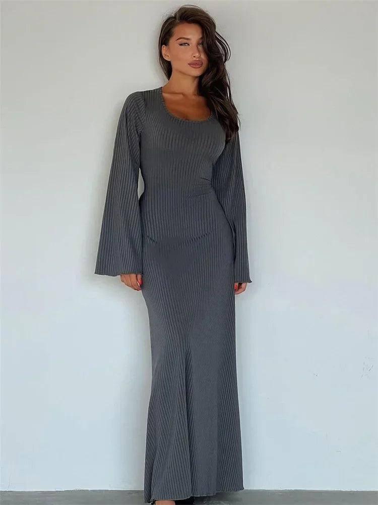Scoop Neck Ribbed Maxi Dress - Lace-Up Long Sleeve-GRAY-5