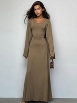 Scoop Neck Ribbed Maxi Dress - Lace-Up Long Sleeve Maxi Dresses LOVEMI  Khaki L 