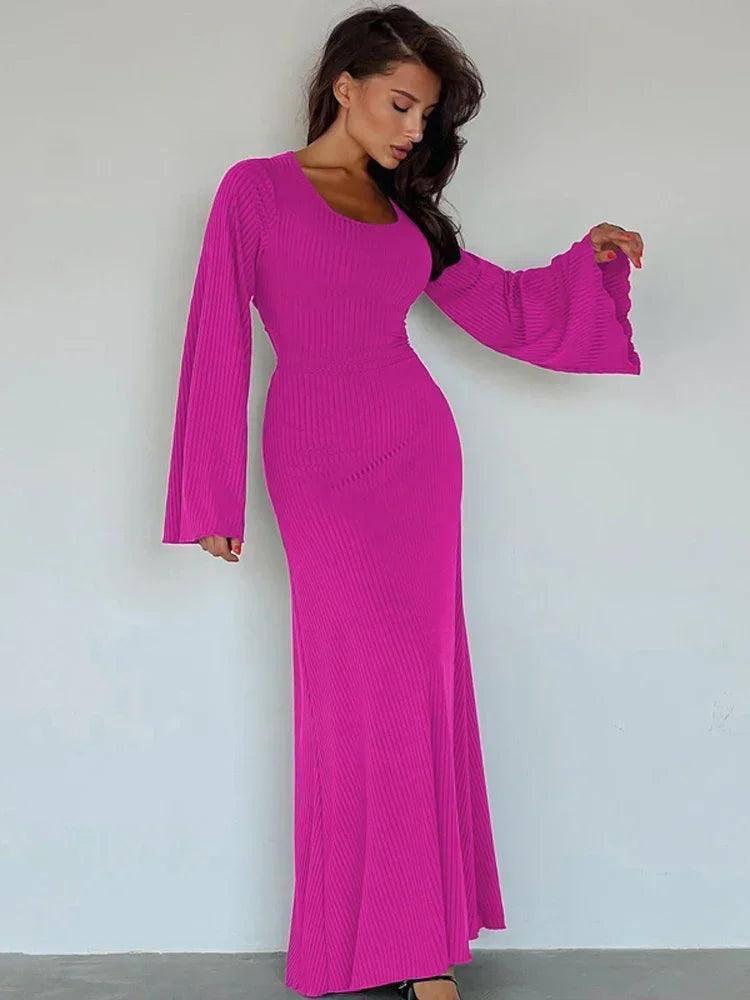Scoop Neck Ribbed Maxi Dress - Lace-Up Long Sleeve-Rose Red-8