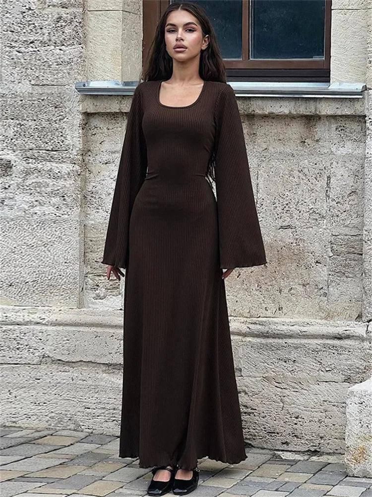 Scoop Neck Ribbed Maxi Dress - Lace-Up Long Sleeve-Dark Brown-9