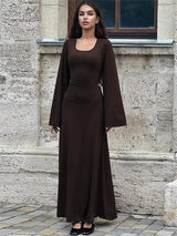 Scoop Neck Ribbed Maxi Dress - Lace-Up Long Sleeve Maxi Dresses LOVEMI  Dark Brown S 