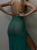 See Through Mesh Maxi Dress - Sexy High Split Backless-4