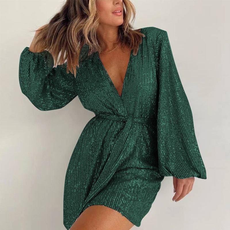 Sequined Long Sleeve Dress Women-Green-11