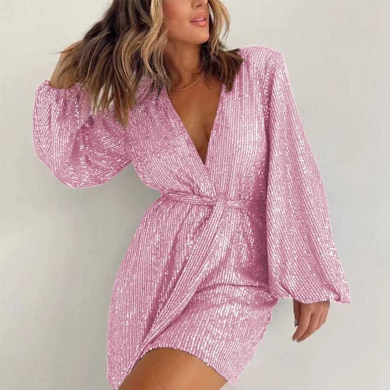 Sequined Long Sleeve Dress Women-Pink-12
