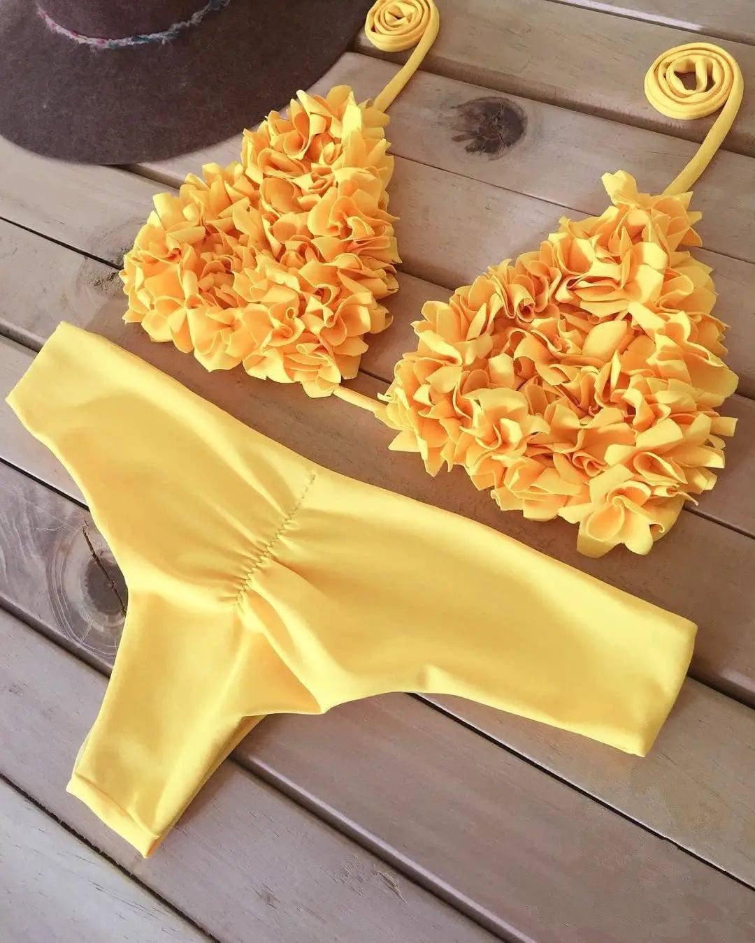 sewn flower swimwear Europe and America burst triangle-Yellow-2