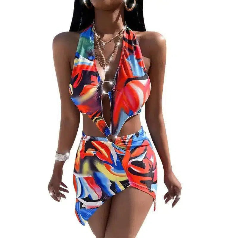 Bikini Print One-Piece Swimsuit Women-White-4