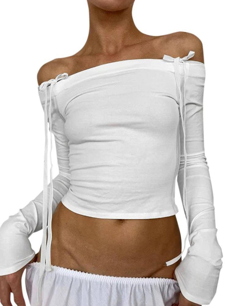 Sexy Bow Off Shoulder Skinny Tops for Women Autumn Winter-6
