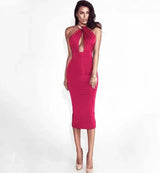 dress hanging neck nightclub bag hip skirt midi dress-Red-5