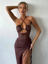 Sexy Halter Backless Maxi Dress - Elegant Club Party Wear-brown-1