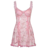 Sexy lace perspective lace camisole dress with V-neck,-pink-1