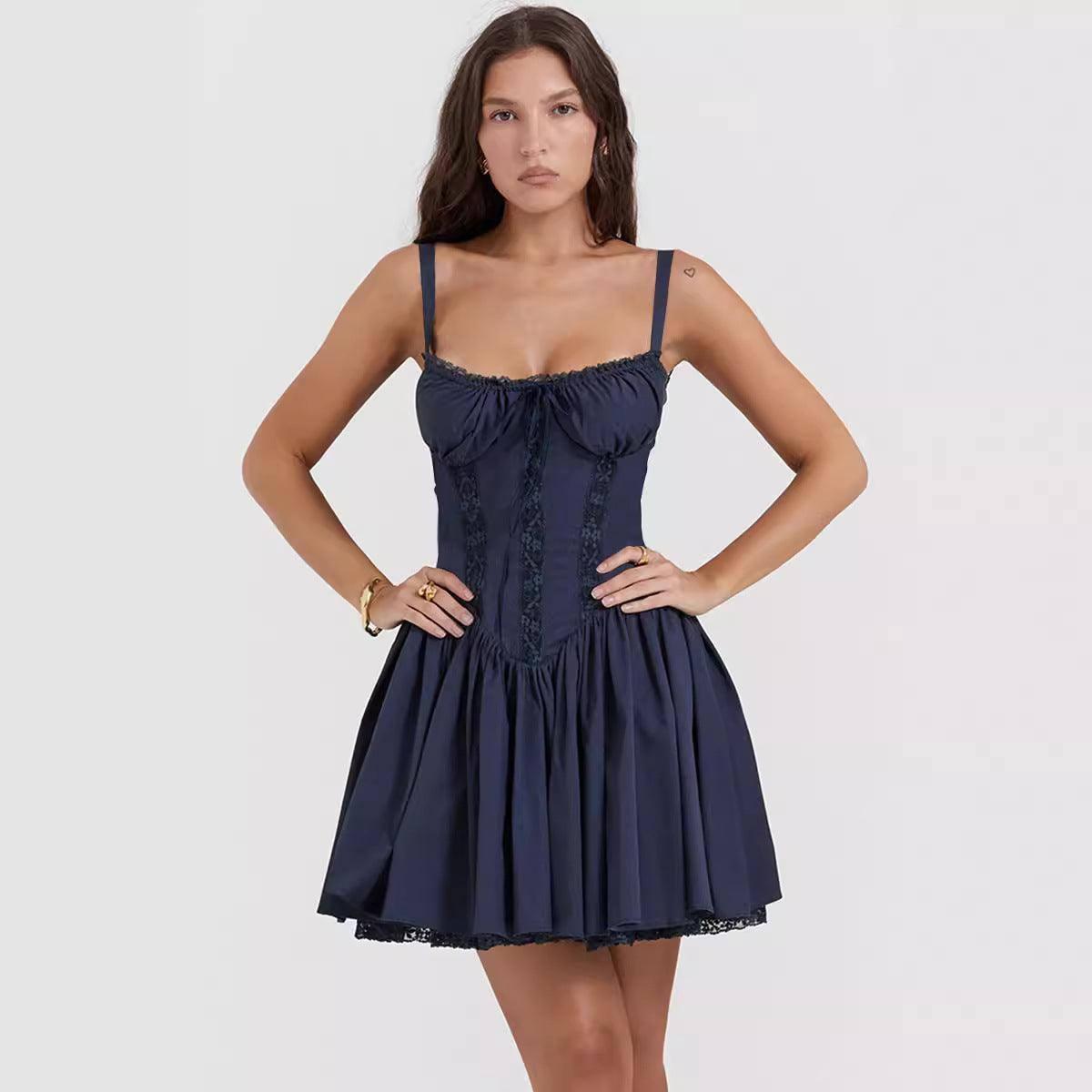 Sexy Lace Suspender Dress Summer Fashion Lace-up Slim Waist-Navy Blue-6