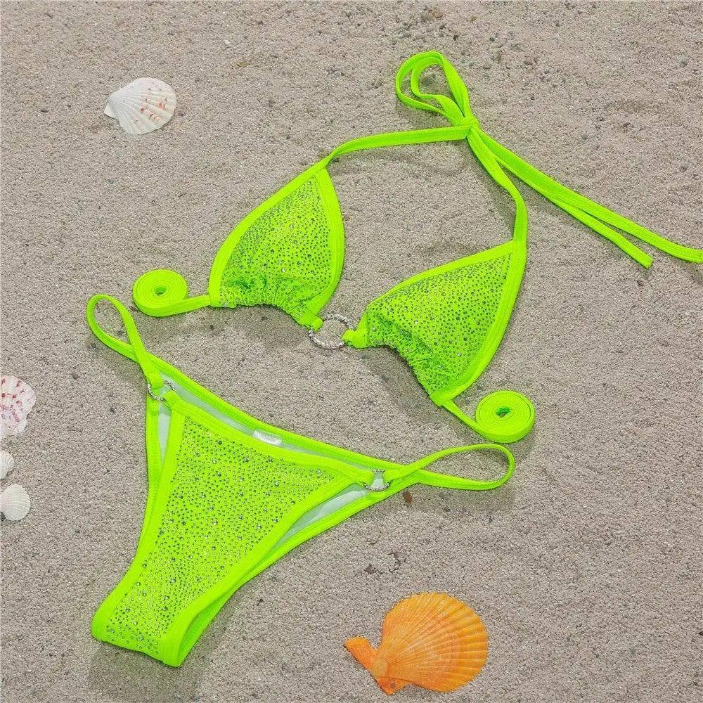 Sexy Lace up Bikini Diamond Swimsuit Split Swimsuit-Green-6