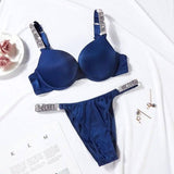 Letter Rhinestone Lingerie Briefs Set Push Up Bra Panty-Blue-2