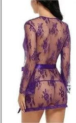 Sexy lingerie bathrobe strappy nightdress set-Purple-2