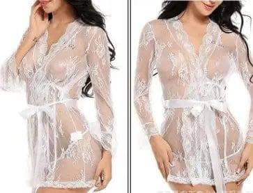 Sexy lingerie bathrobe strappy nightdress set-White-3