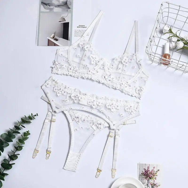 Sexy Lingerie Ladies Three-piece Embroidered Steel Ring-White-1