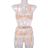Sexy Lingerie Ladies Three-piece Embroidered Steel Ring-Apricot-3