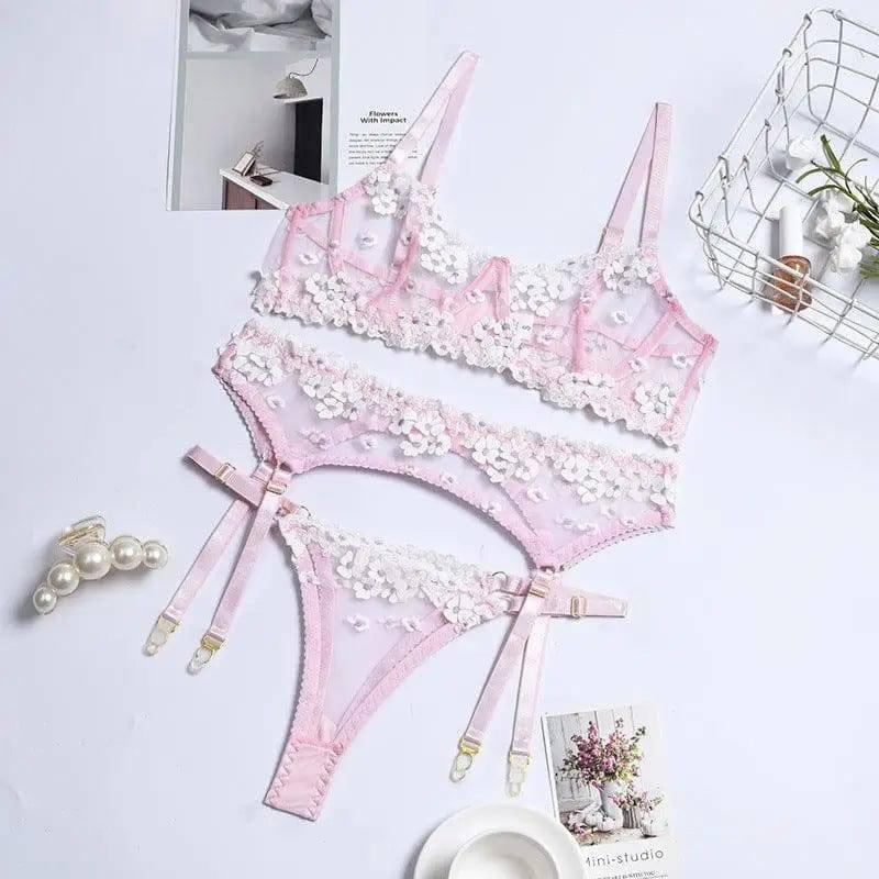 Sexy Lingerie Ladies Three-piece Embroidered Steel Ring-Pink-7