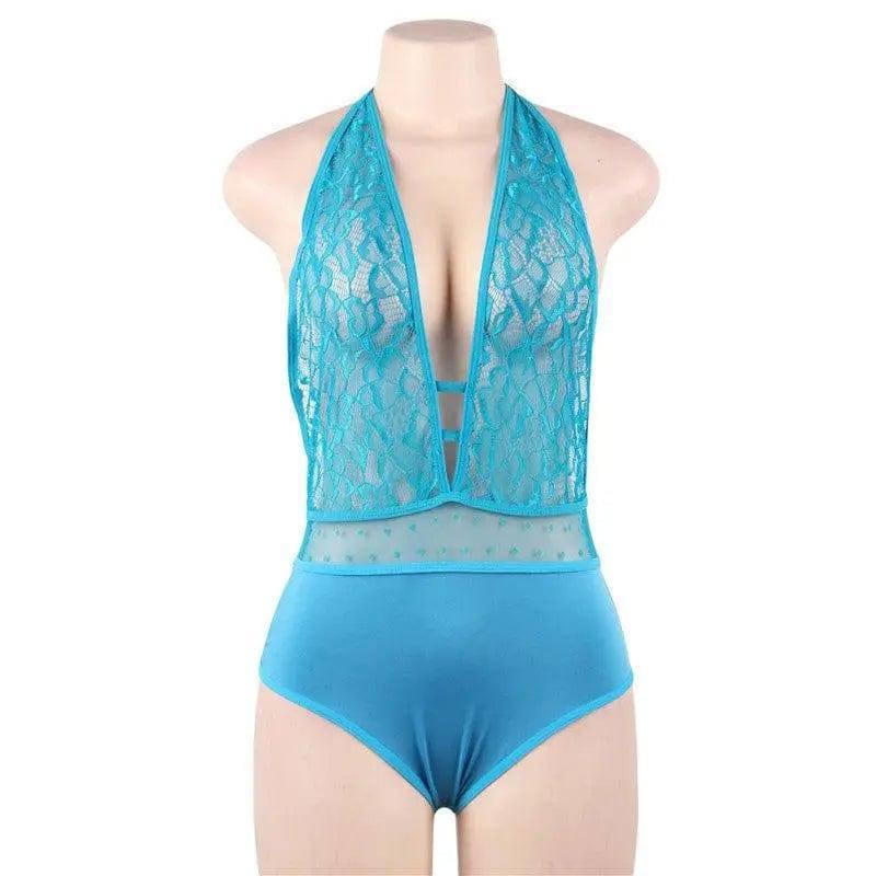 Sexy Lingerie One-piece Sexy Pajamas Hanging Neck Straps-Blue-2