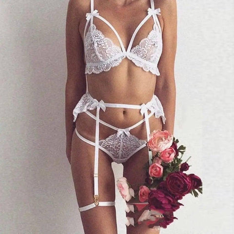 Sexy Lingerie Set Lace Stitching Sexy Three-piece Suit-White-2