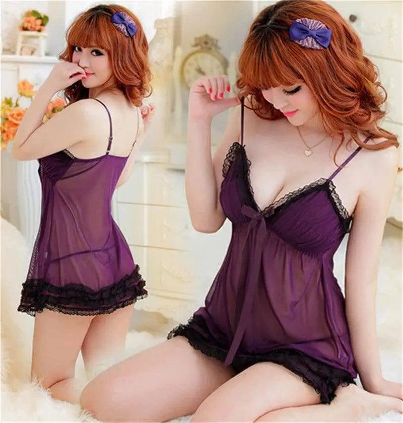 Sexy Lingerie Sexy Lace Mesh Sexy Pajamas Women's Suspender-Purple-3